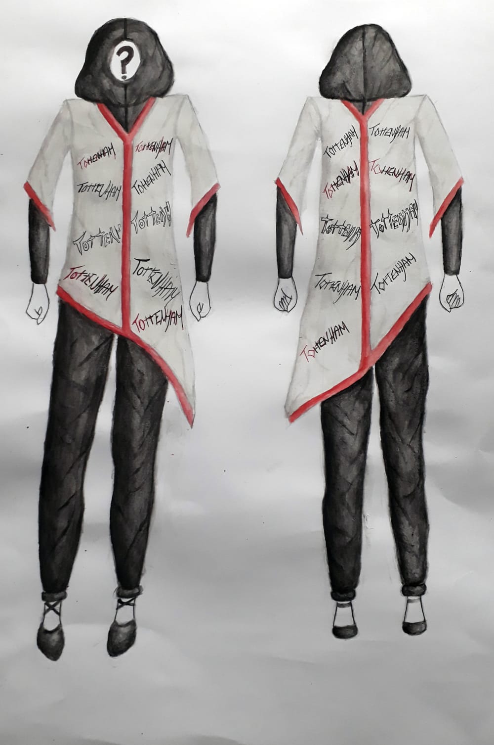 a fashion illustration, detailing a back and front view of a white garment with 'tottenham' printed multiple times onto the fabric