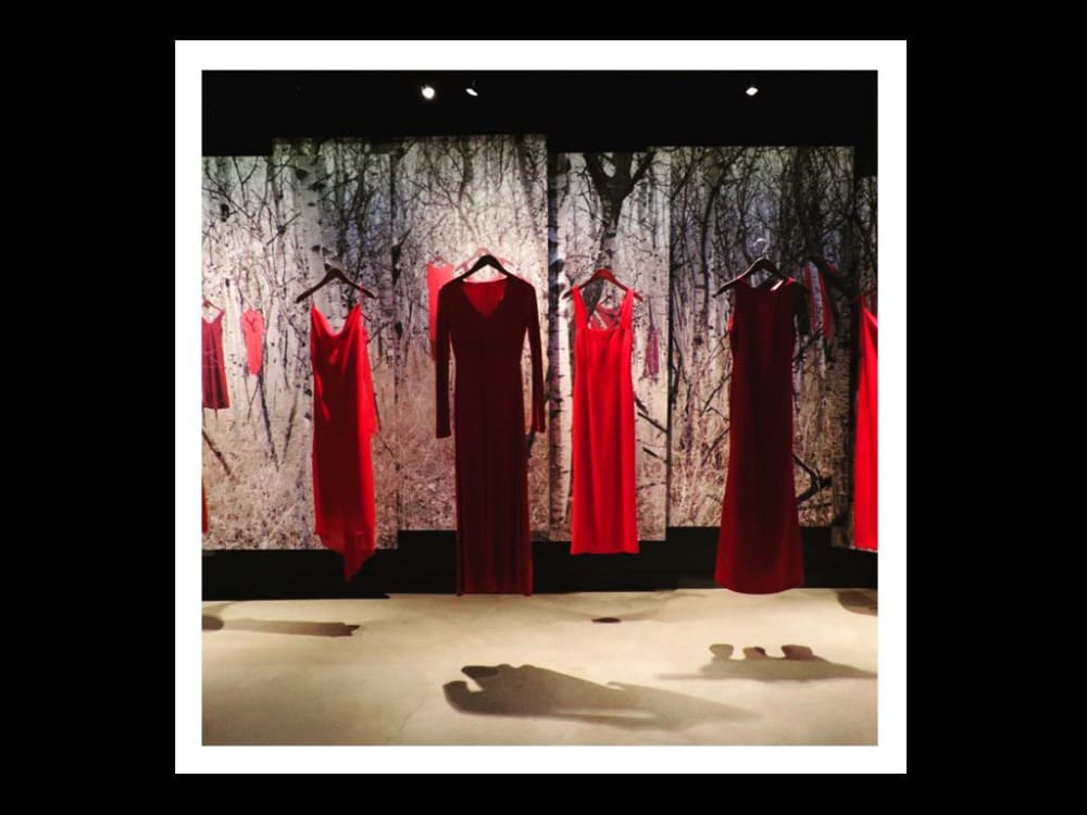 various red dresses hanging from the ceiling, presented in a showroom