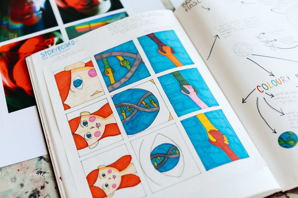 A sketchbook showing a colourful storyboard of a slow zoom into a cartoon girl's eyes
