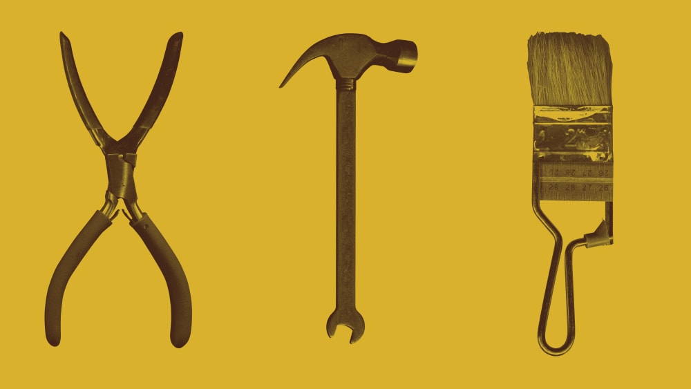 Three hybrid tool collages on a gold background.