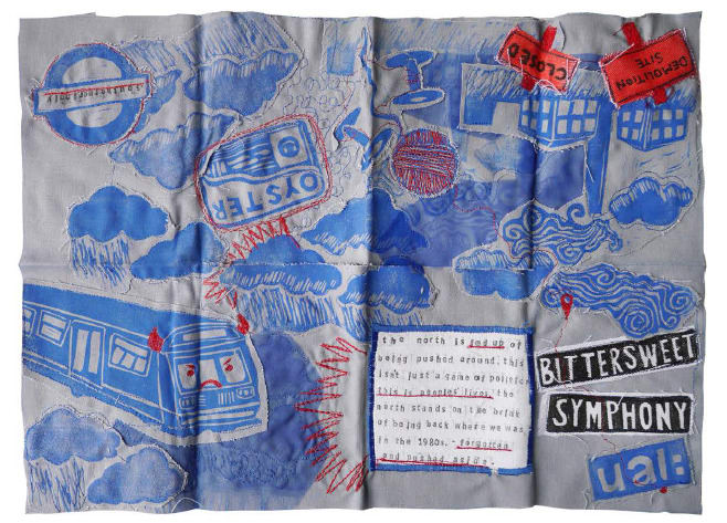 Blue and grey mural artwork with the Underground logo, a tube train carriage, Oyster Card, clouds and a building demolition site.