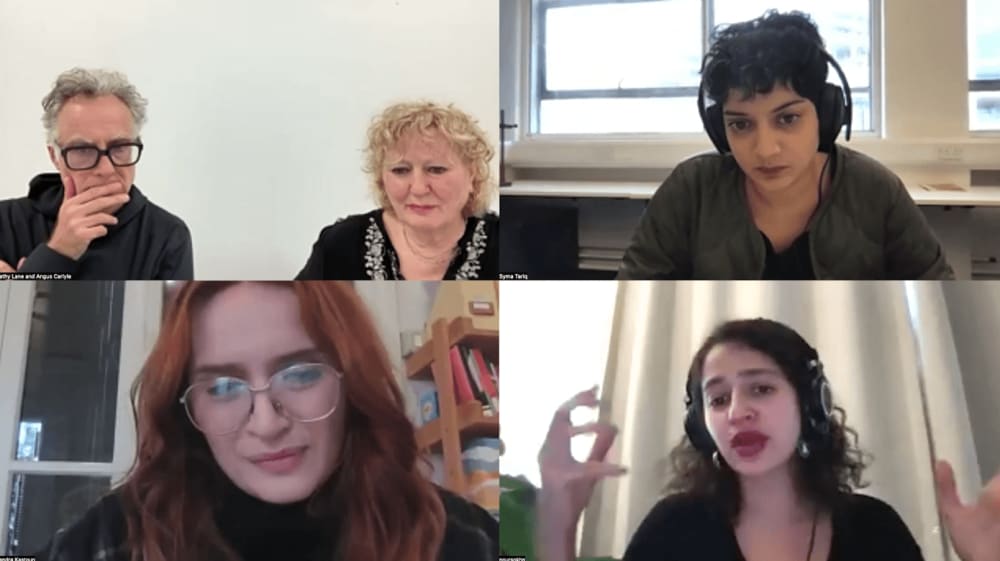 Screenshot of Zoom call with artists discussing their work.