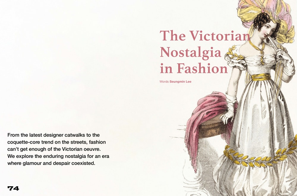 The Victorian Nostalgia in Fashion headline with a victorian drawing of a woman in full dress