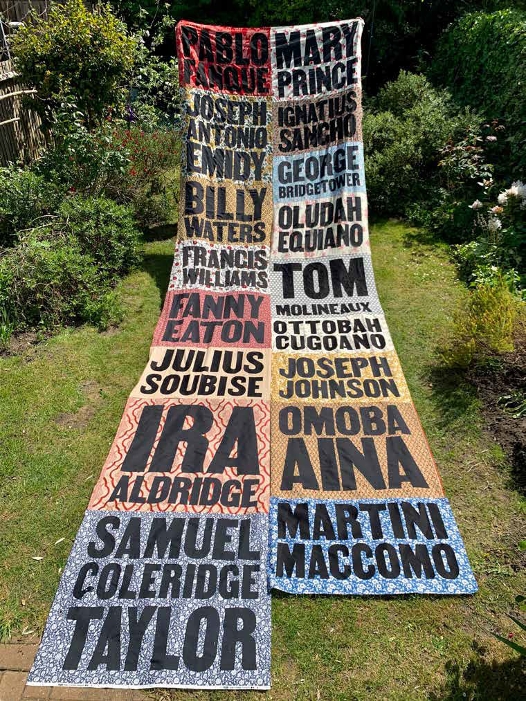 Jahnavi Inniss quilt made of fabric, including names of forgotten Black lives in British history