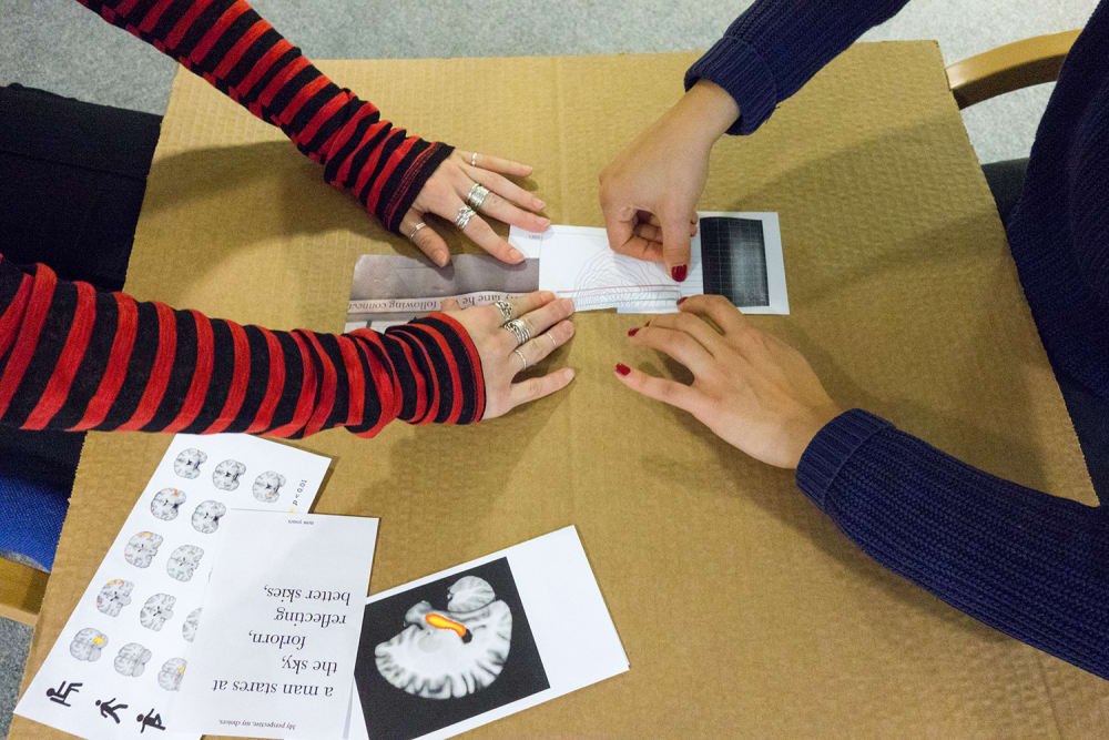 Two sets of arms, one with long red and black striped sleeves another with long purple sleeves. The hands are touching small images which are placed on a square piece of cardboard.The cardboard is balanced on the knees of the two students.  