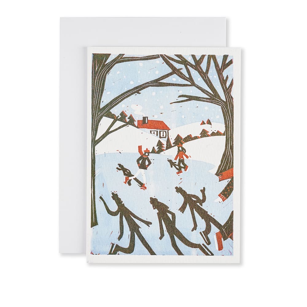 Christmas card design featuring people and their shadows running across snowy hills.
