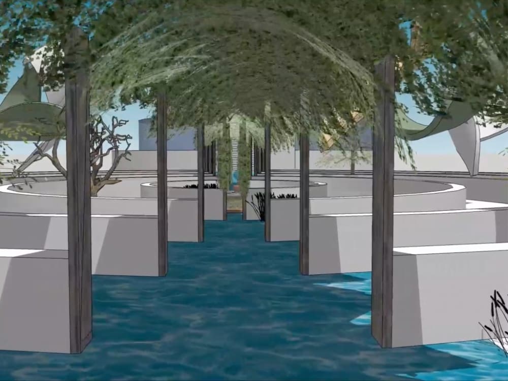 Virtual garden with water and trees