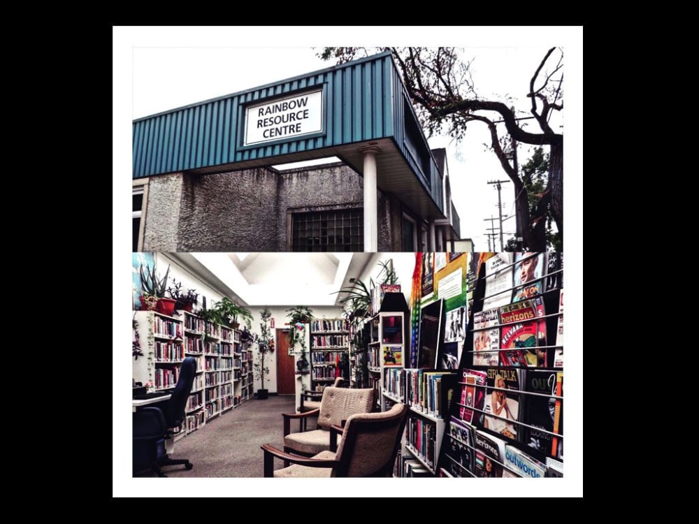 two images of the interior and exterior of the 'rainbow resource centre'
