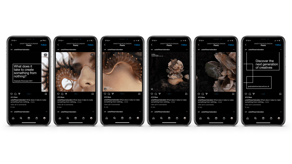 iPhone mock-up of 6 Instagram posts, showing a collection of student work spreading across multiple posts