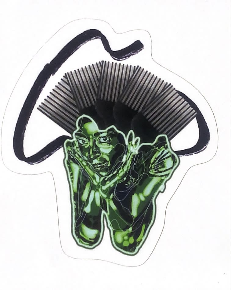 Illustration by Tasha: Green person with afro hair comb as hair