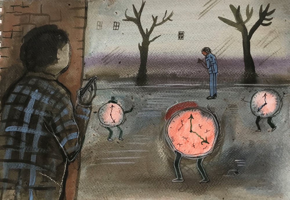 Image shows a painted drawing of a person in the foreground looking round the corner of a brick wall at a person, in the background, looking solemn with dark trees and dark sky in the background. Surrounding the person in the background are multiple red clocks with legs.