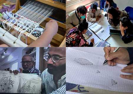 London, 2023. A series of insights into the workshops run with the participants through virtual meet-ups, drawing sessions and hands-on testing on hand-looms at Chelsea College of Art, informed by London based textile artisan Raisa Kabir.