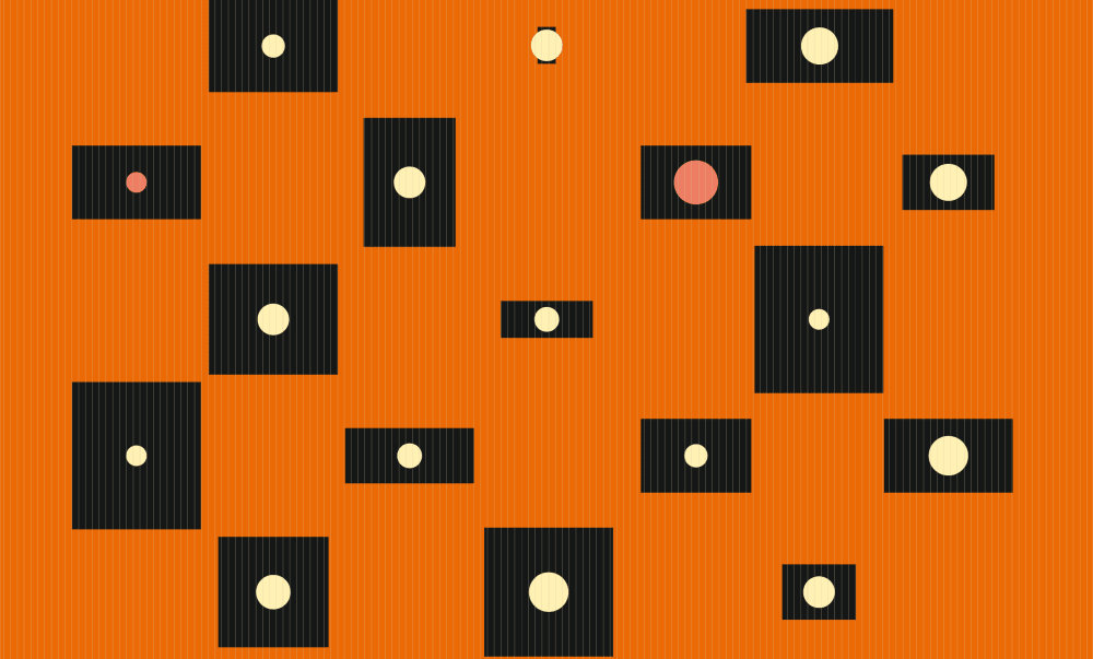 Black squares and yellow circles on an orange background