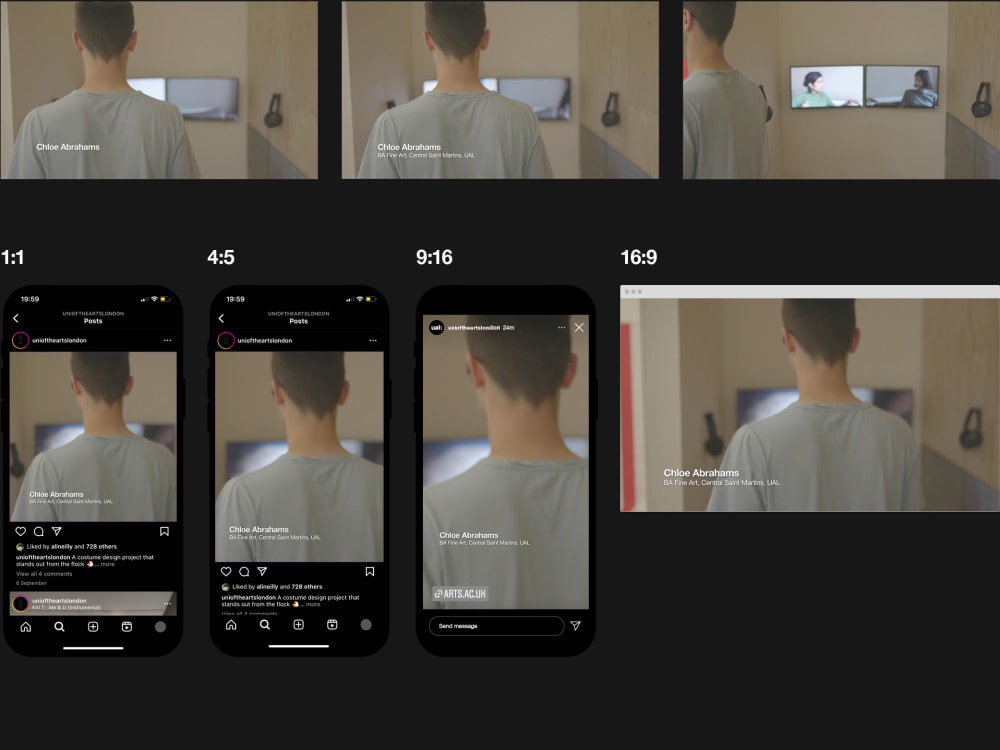 Desktop and phone Mockups of lower third video templates shown in aspect ratios: 1:1, 4:5, 9:16 and 16:9.