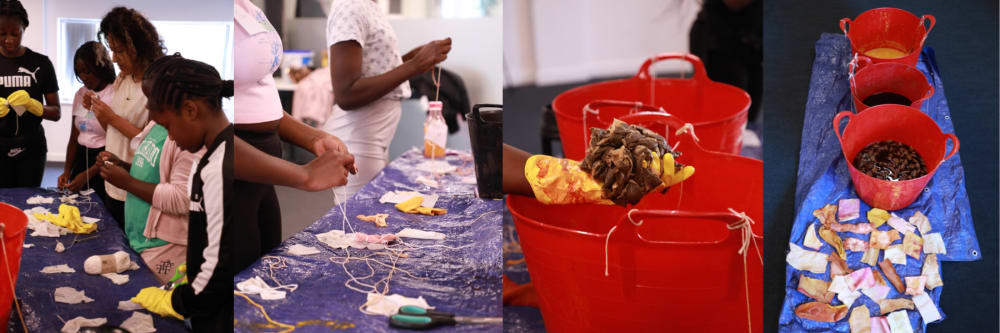 A collage featuring four pictures of children at a table, joyfully interacting with materials in an upcycling, fabric dying workshop..