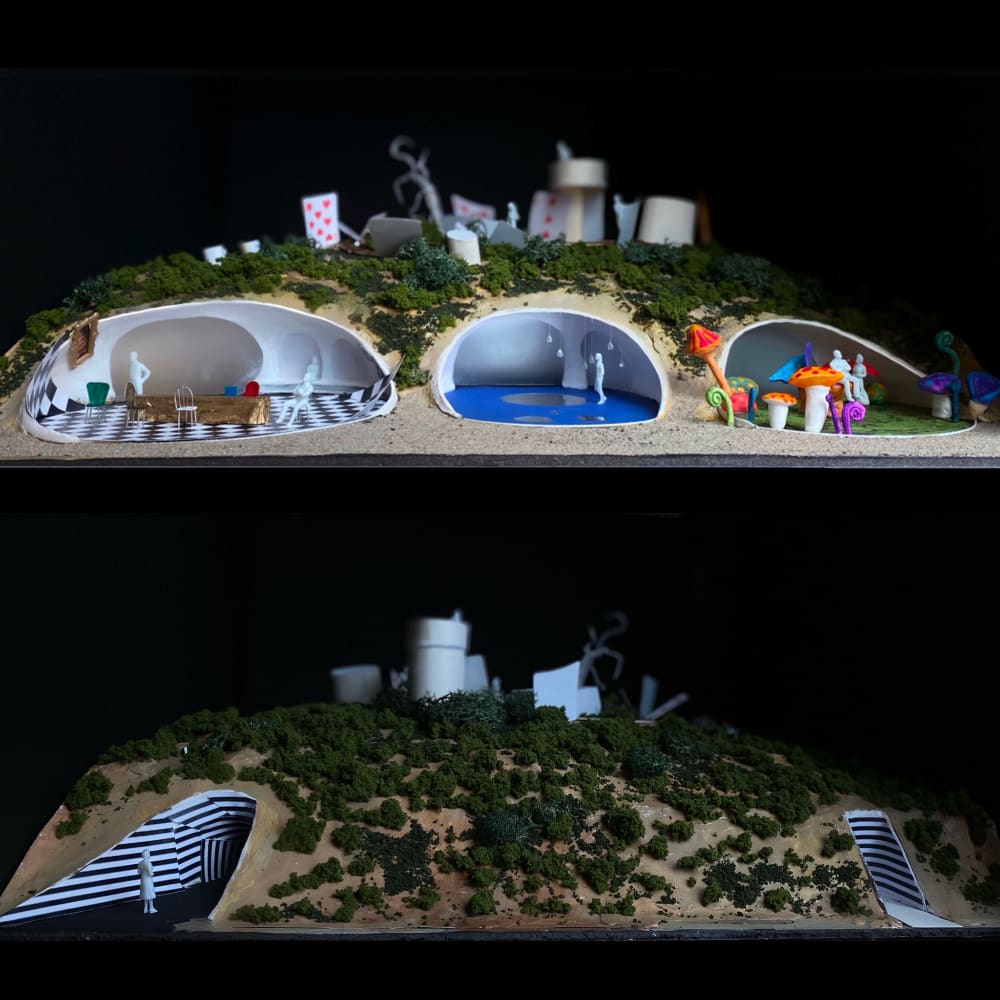 full view of the set design model, a hill model with underground compartments, sets for the different scenes. 