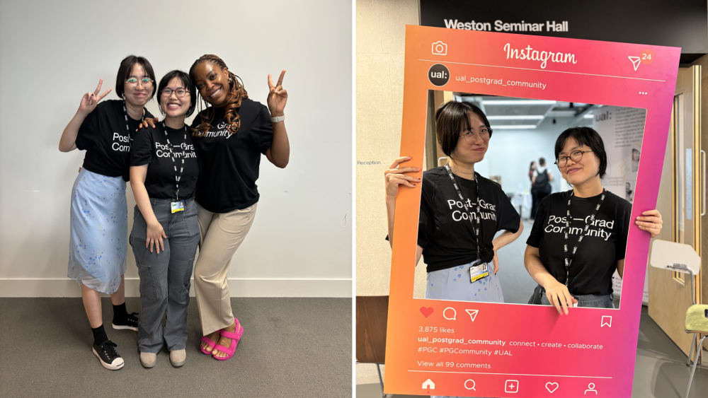 a group of students posing for a photo on the left, and on the right two students holding up an instagram photobooth