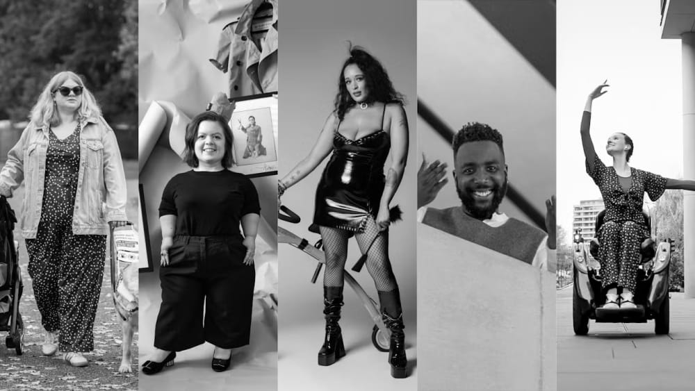 Alt text: Collage of five images of the individuals who features in this series, from left to right: Amy Kavanagh, Sinéad Burke (photography by Shona Louise) Roxy Murray (photography by Eilish McCormick), Christopher Laing (photography by Darren Black), Kate Standforth (film still: MK Moves). 