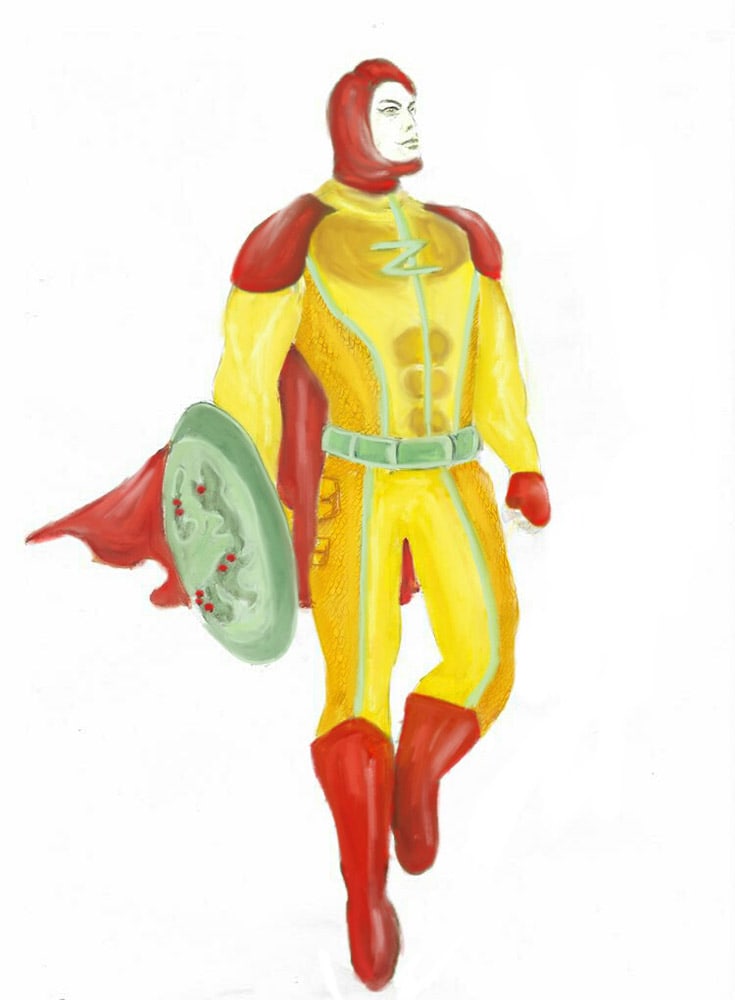 A red and yellow costume design drawing of a figure holding a shield. 