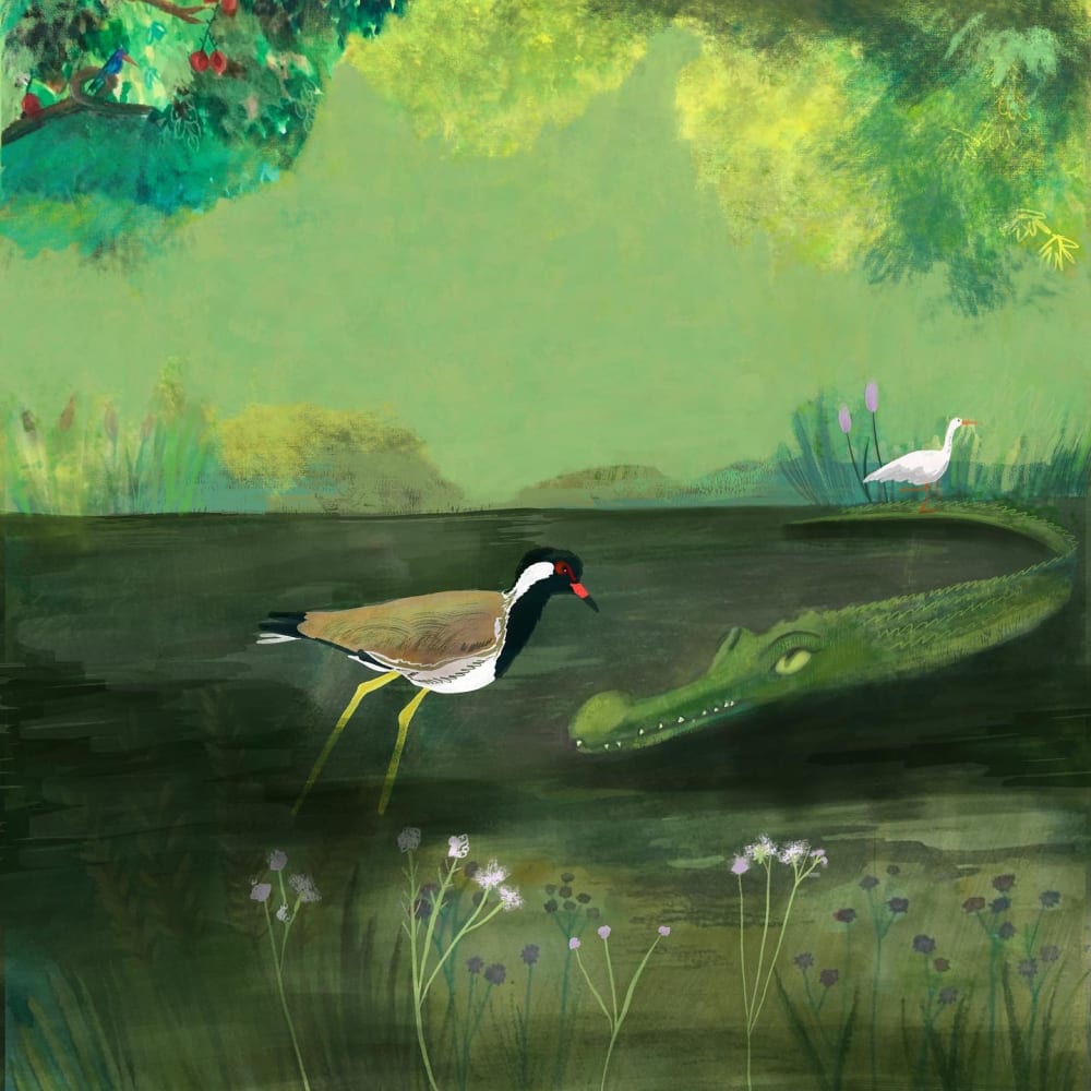 A bird with a red beak talks with a crocodile
