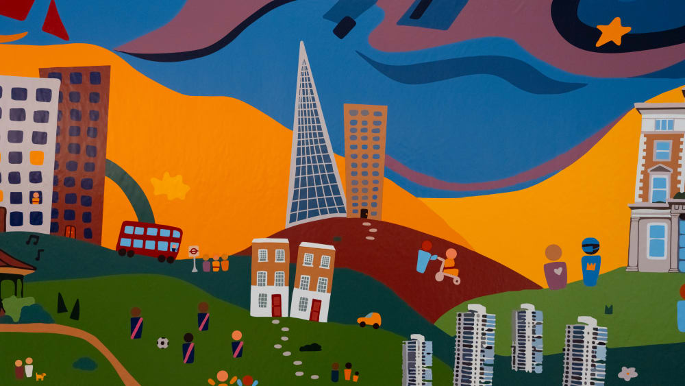 Image shows an illustration of buildings local to the Camberwell area in London, with people and vehicles spotted throughout, symbolising community. 