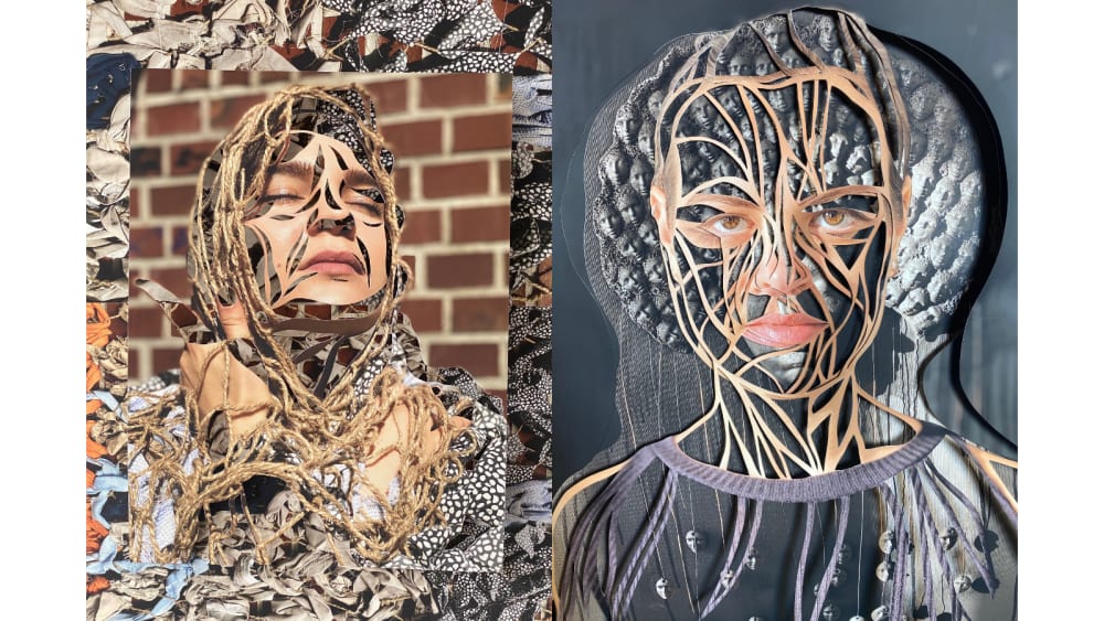 Layered collages of women's faces. 