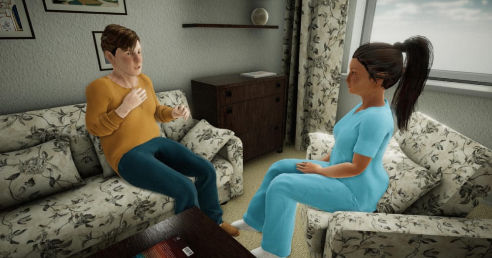 Two digital characters in deep conversation in a virtual environment.