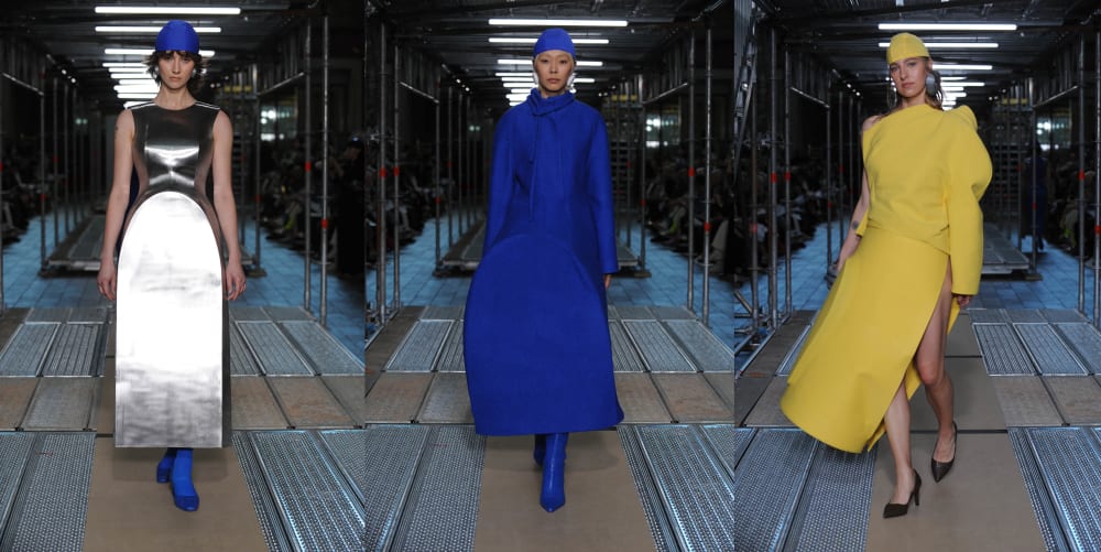 Composite image of three models wearing garments in metal, blue and yellow