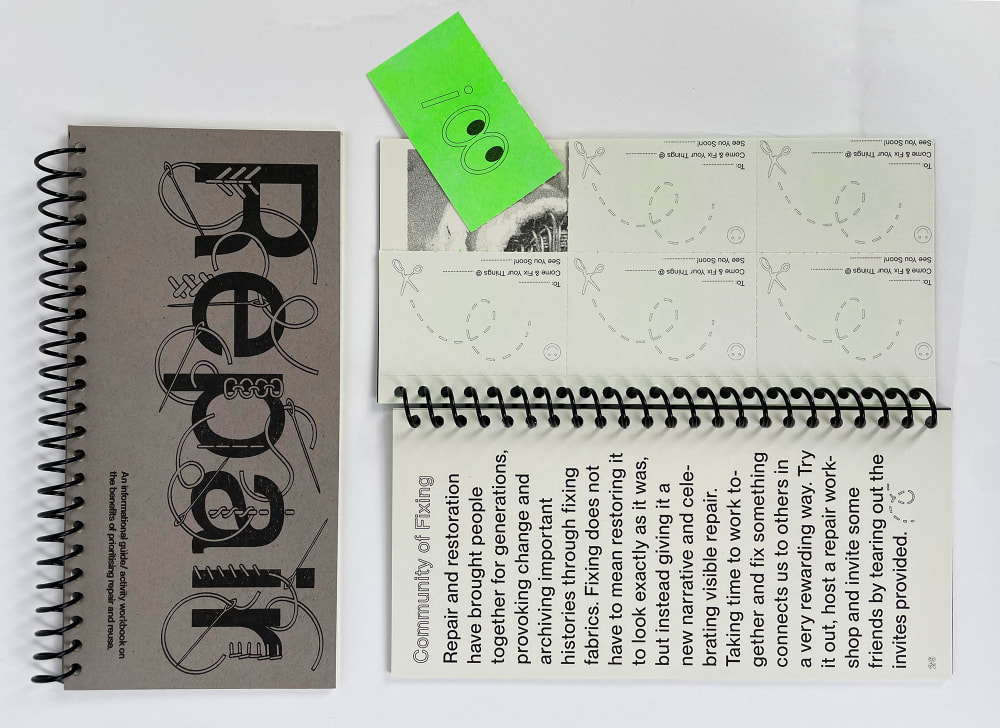 A detail of the guide. It shows it closed with the title “Repair” on the front, and then the guide opened at a page with a series of instructions made up of text and diagrams. 