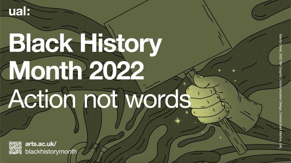 A digital screen showing the illustrations of Sandy with the words 'Black History Month 2022 Actions not words' on it