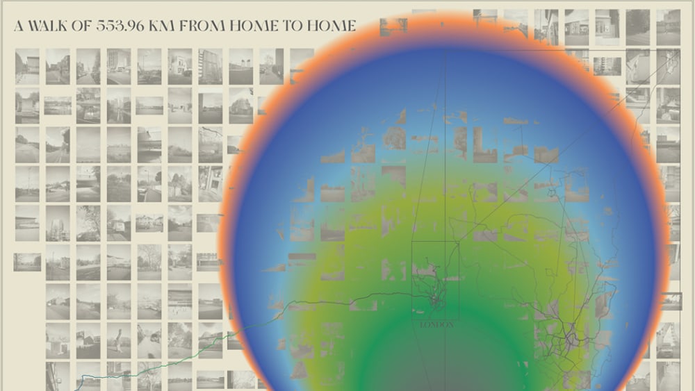 A circular globe-style with London at the centre. Behind it are a series of black and white photos of various locations. 'A walk of 553.96.KM from home to home' is written in the top-left corner.