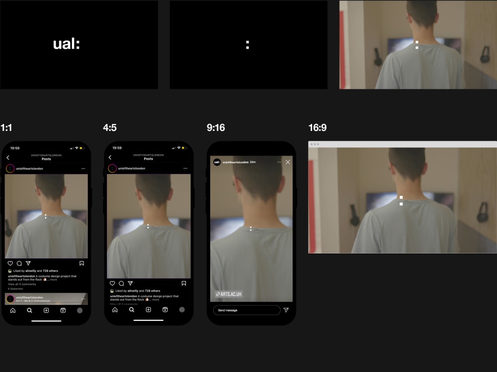 Desktop and phone Mockups of opening sequence video templates shown in aspect ratios: 1:1, 4:5, 9:16 and 16:9.
