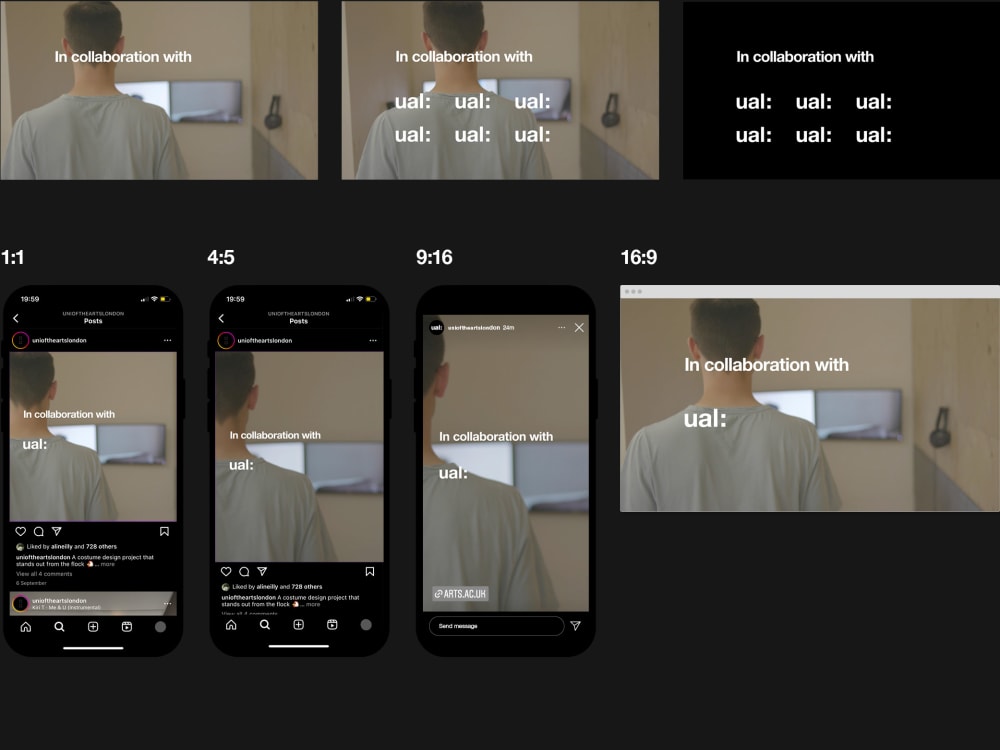 Desktop and phone Mockups of sponsorship / collaboration video templates shown in aspect ratios: 1:1, 4:5, 9:16 and 16:9.