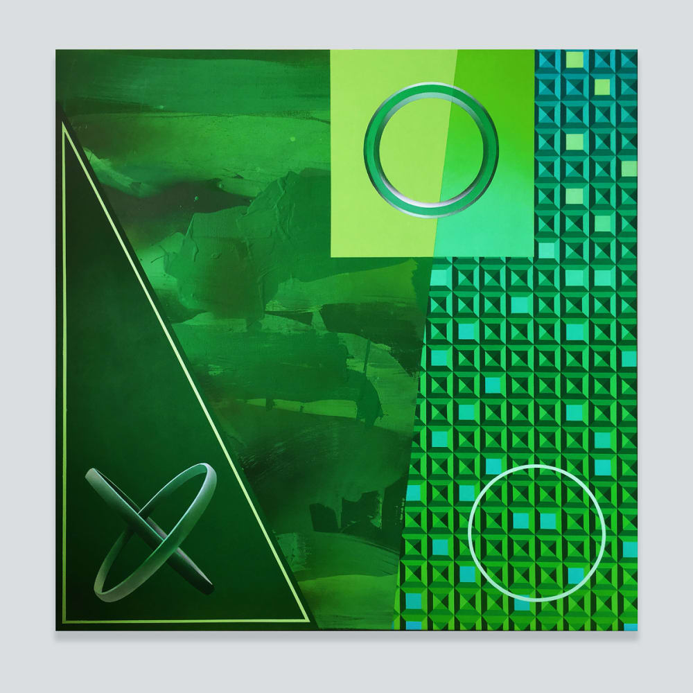 Green painting with geometric patterns and visible brush strokes.