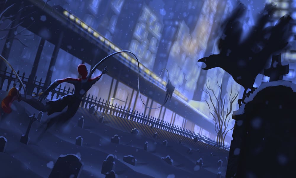 Concept art for a Spiderman-themed game featuring a snowy graveyard.