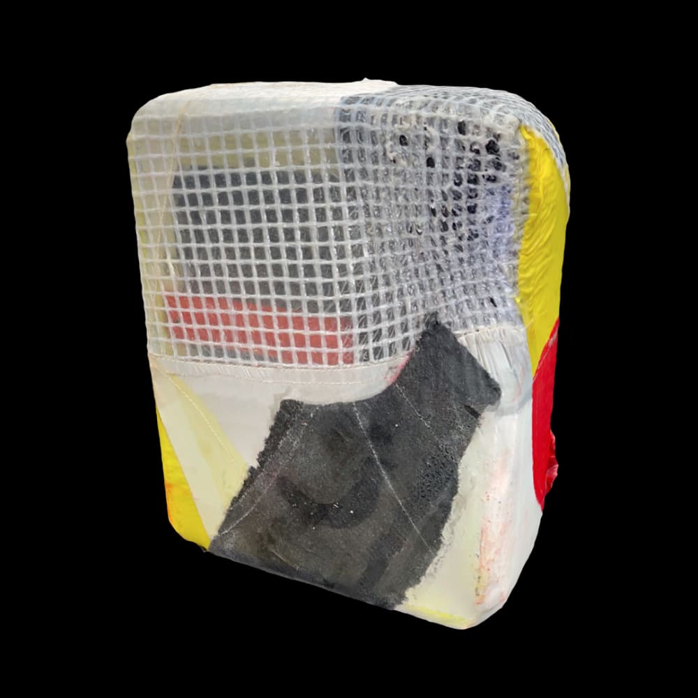 A 3D-scan of a physical object made out of wood and strips of material. The material is stretched around the rectangular wooden frame, so the frame is not visible. The material strips are yellow, red, black and off-white. They are arranged randomly and overlap each other.