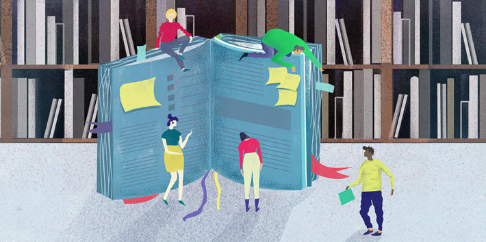 Illustration of miniature students on a table next to a giant book