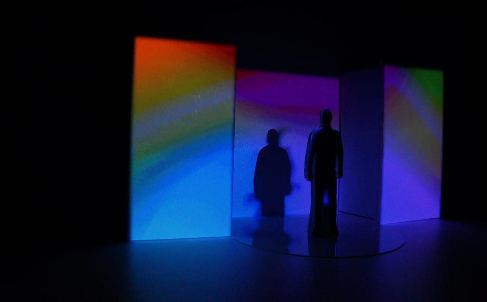 An initial mock-up still from a test using projection mapping and performance.
