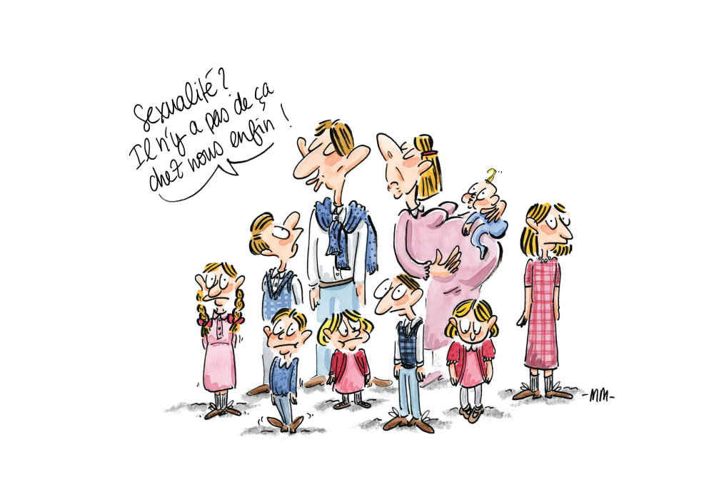 A drawing of a a family of 8 children, the dad and boys are all wearing blue, and the mum and girls are all wearing pink. The dad has a speech bubble saying: 