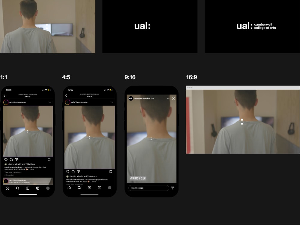 Desktop and phone Mockups of closing sequence video templates shown in aspect ratios: 1:1, 4:5, 9:16 and 16:9.