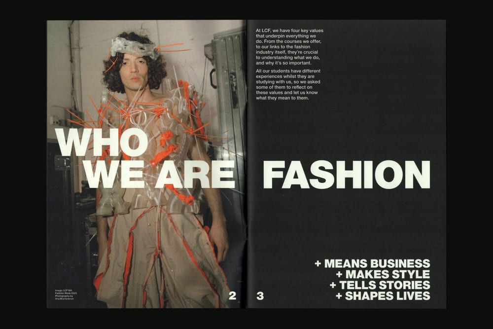 Double page spread in LCF's Make It Fashion zine-type booklet showing a fashion photograph on the left side and white text on a black background on the right side which reads 