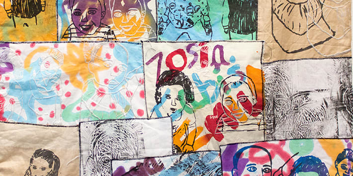 Tapestry with multicoloured paintings