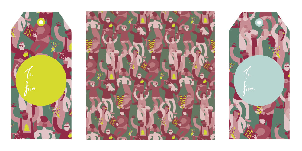 A gift wrap and tag set designed by a UAL student, with people dancing at a Christmas party on.