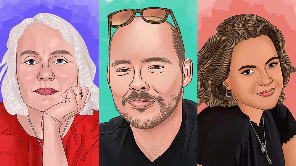 Colourful illustrations of 3 people laid out in a row