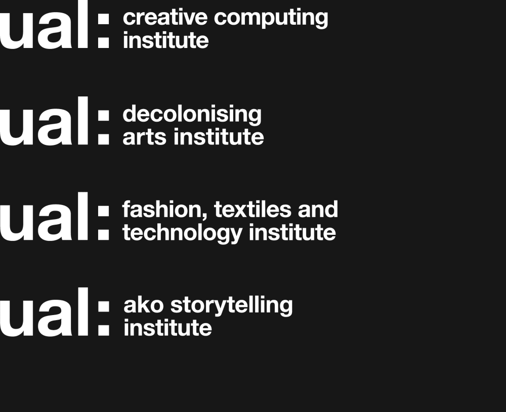 UAL Creative Computing Institute, UAL Decolonising Arts Institute, UAL Fashion, Textiles and Technology Institute and UAL AKO Storytelling Institute logos in white on black background