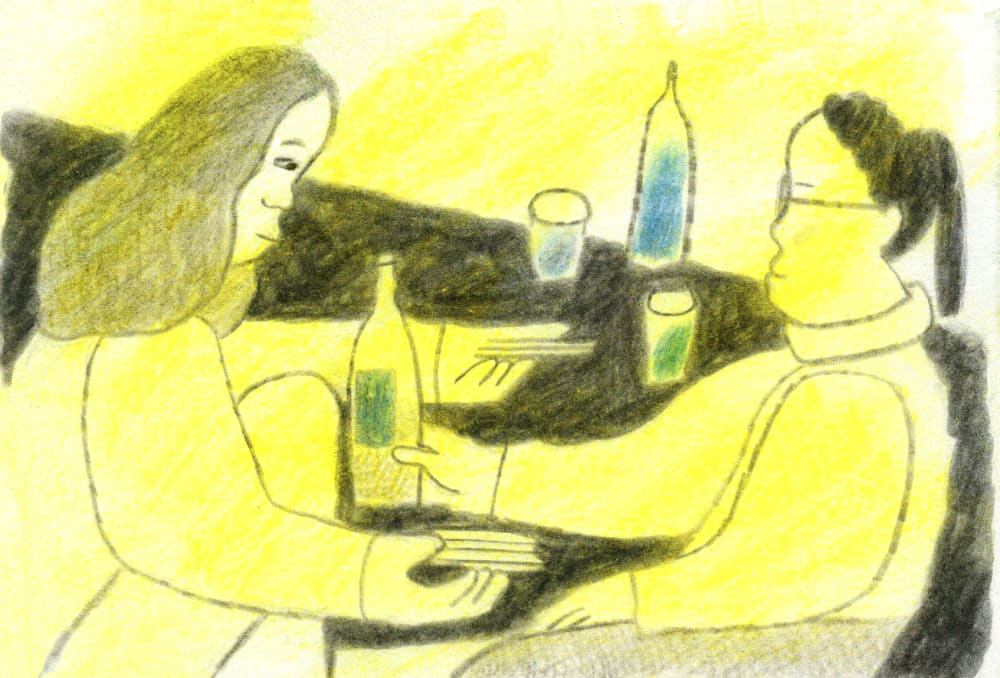 Drawing of 2 people playing cards.