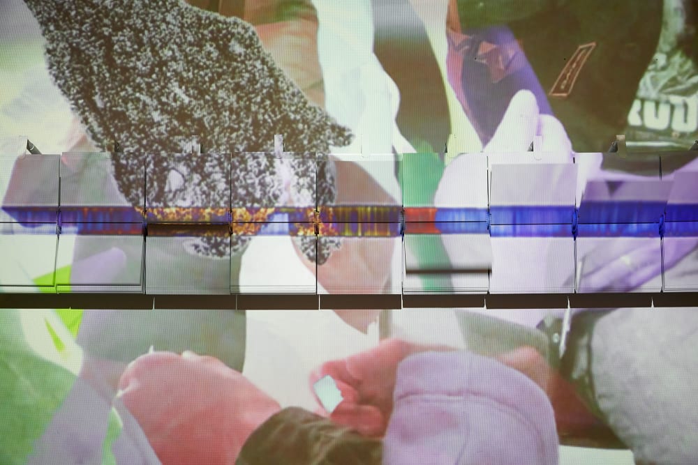 Detail image of a video of layered hands by student Dafu Yan