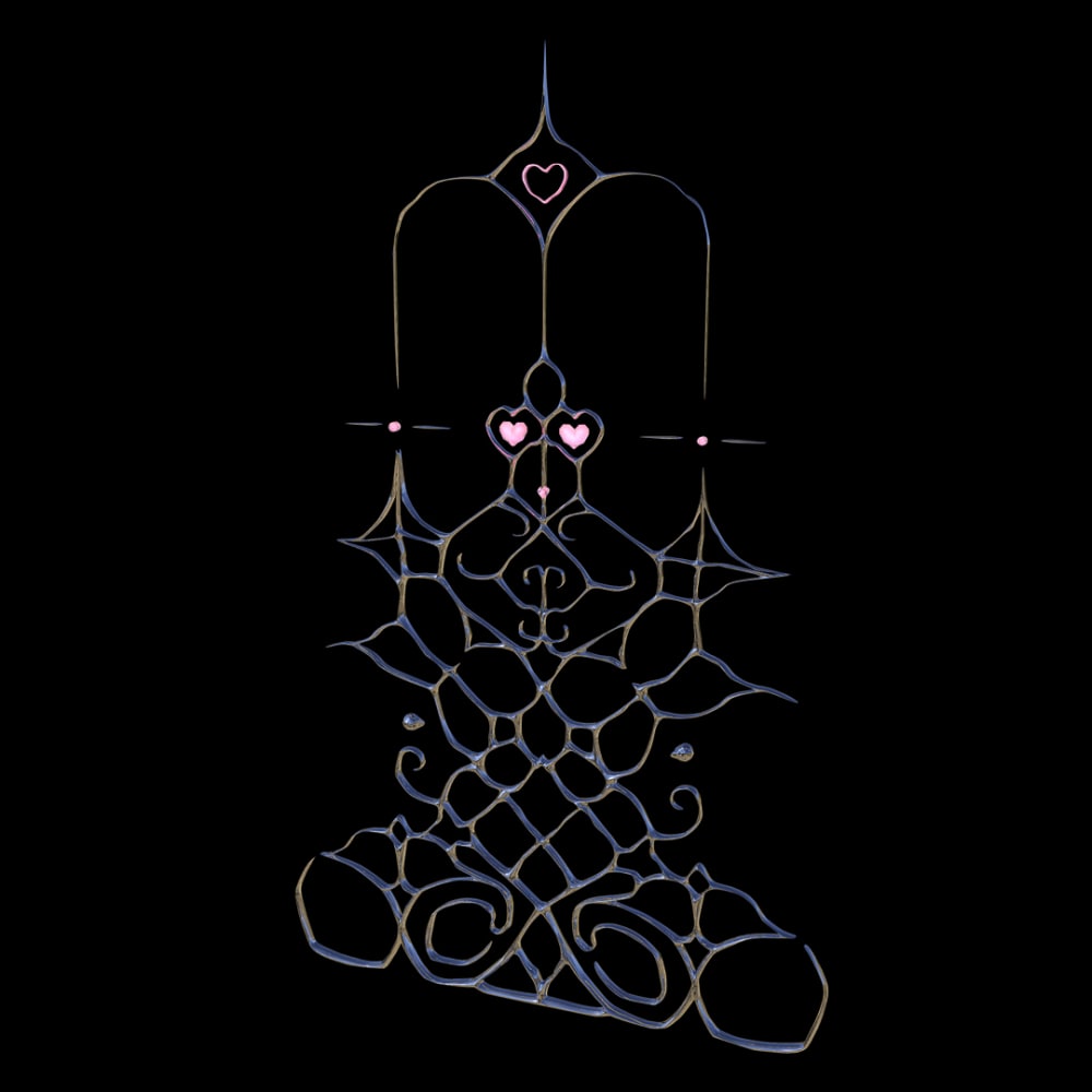 A silver, metallic 3D-rendered sculpture, which is an abstract take on the scales of justice. It features four pink hearts at the top.