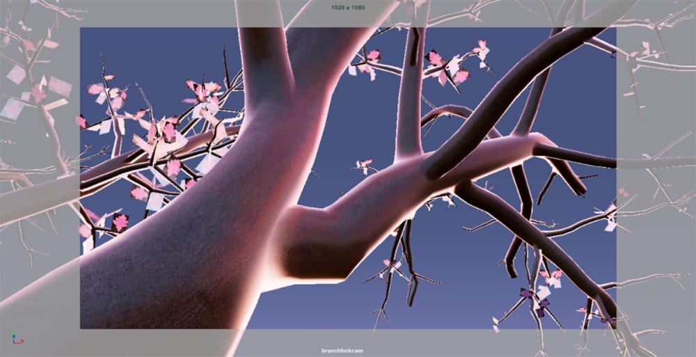 Still demonstrating the development of an animated cherry blossom tree.