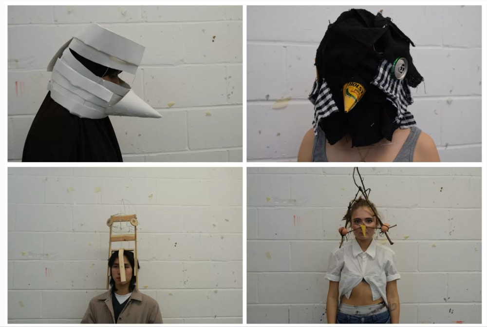 Four images in 2 rows of people wearing bird masks and headpieces